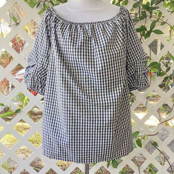 Song of Style Tops - Song Of Style Gingham Top Black White Check Puff Sleeves Boho Cottagecore XL